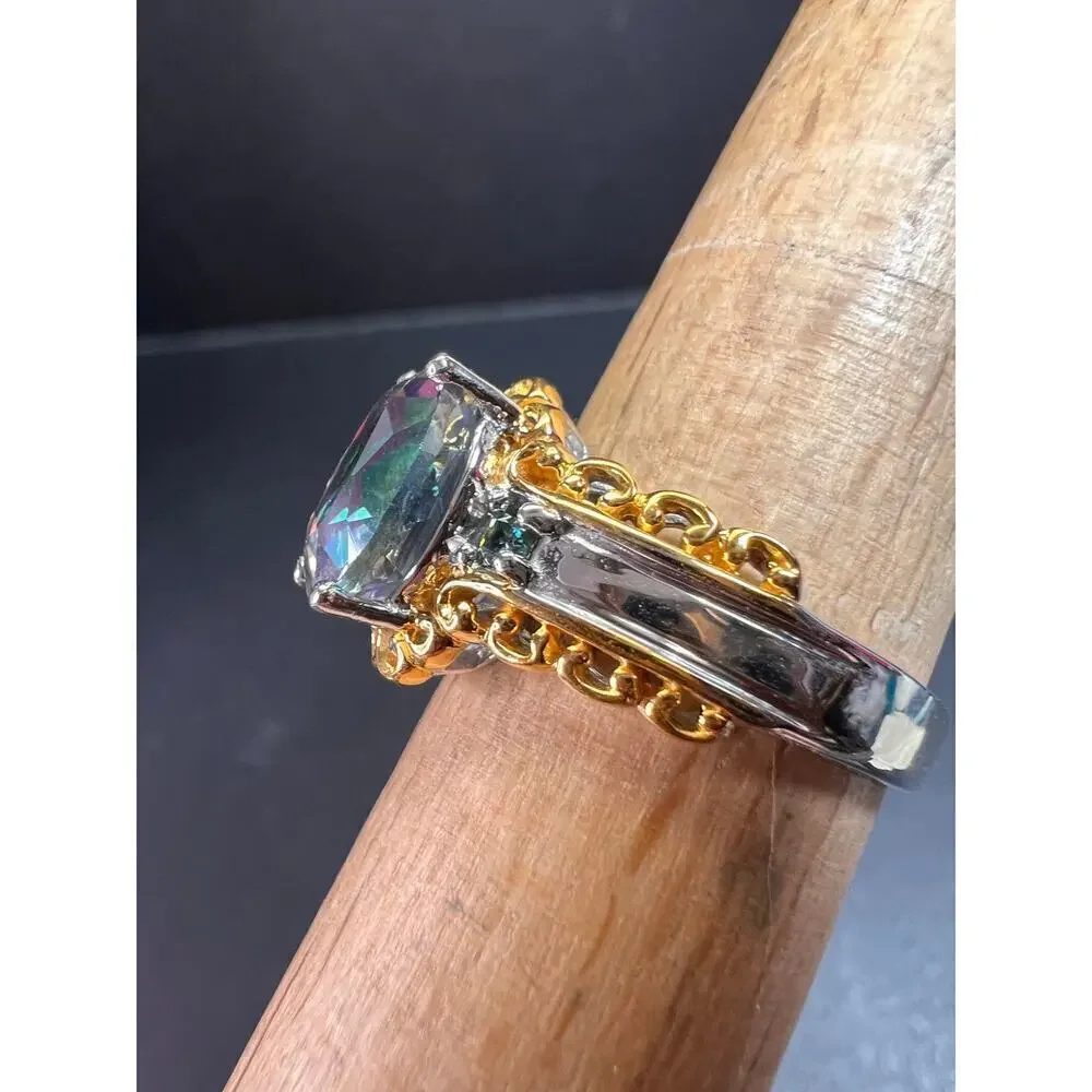 NEW green mystic topaz two toned sterling silver ring size 8 - Picture 6 of 16